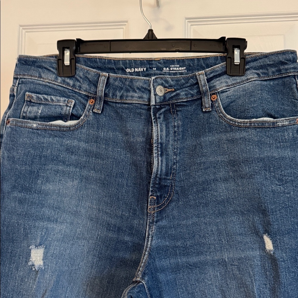 Old Navy Distressed High Rise O.G. Straight Secret Smooth Pockets in Dark Blue - Picture 3 of 11
